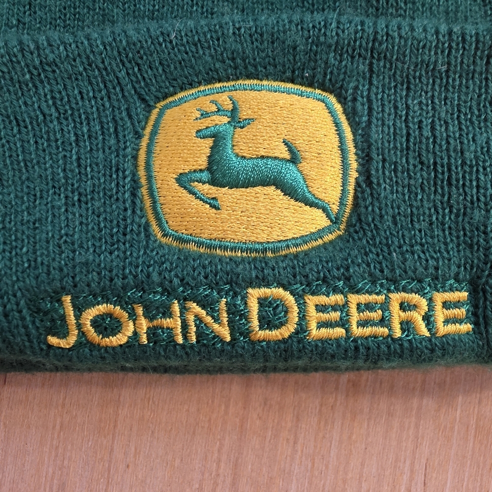 John Deere Green Knit Beanie Hat Embroidered Logo Cuffed Winter Cap - Picture 2 of 3